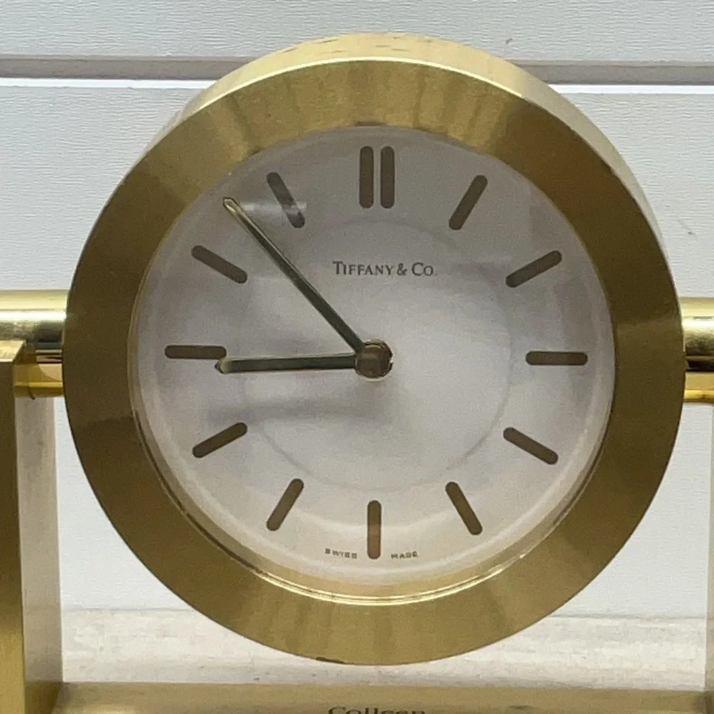 Tiffany & Co Swiss Made Brass Gimbal Desk Clock Gold Tone Swivel Office Decor